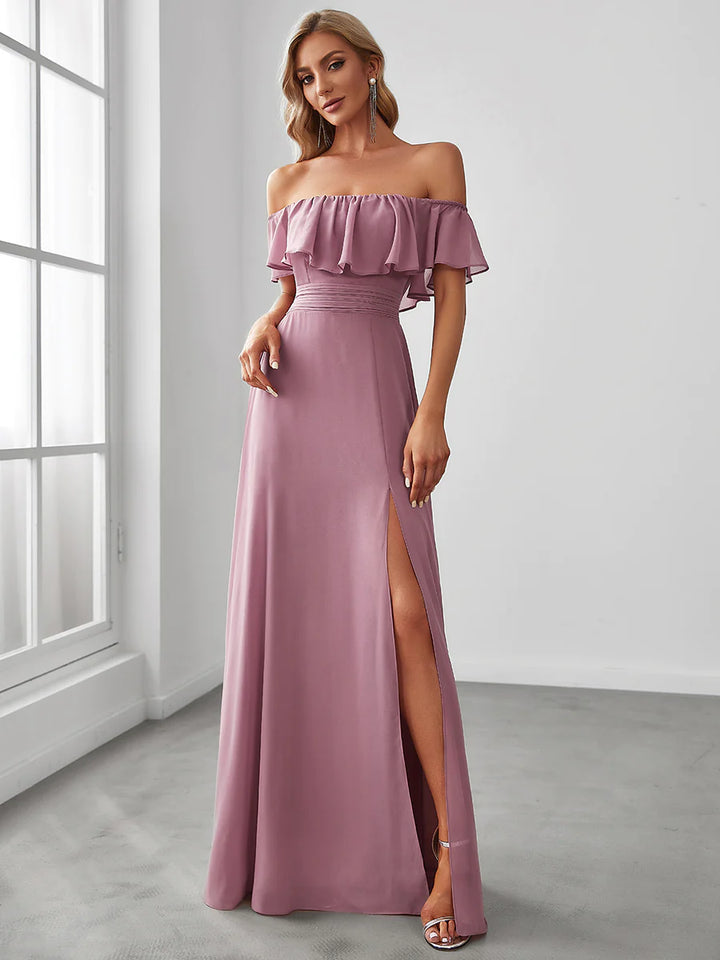 Thigh Slit Off Shoulder Straight Bridesmaid Dress - CALABRO®