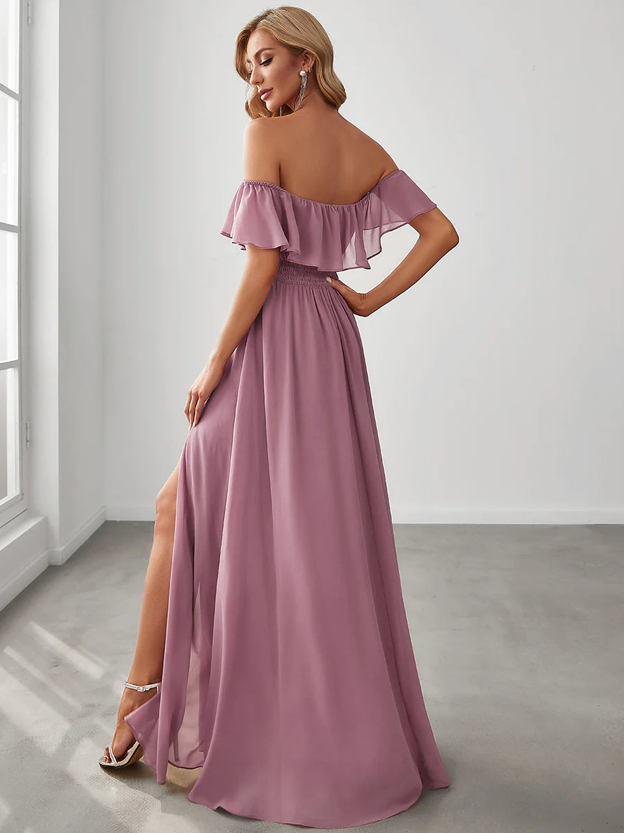 Thigh Slit Off Shoulder Straight Bridesmaid Dress - CALABRO®