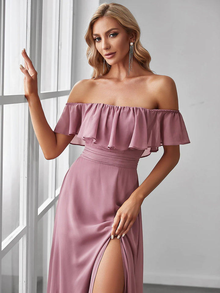 Thigh Slit Off Shoulder Straight Bridesmaid Dress - CALABRO®