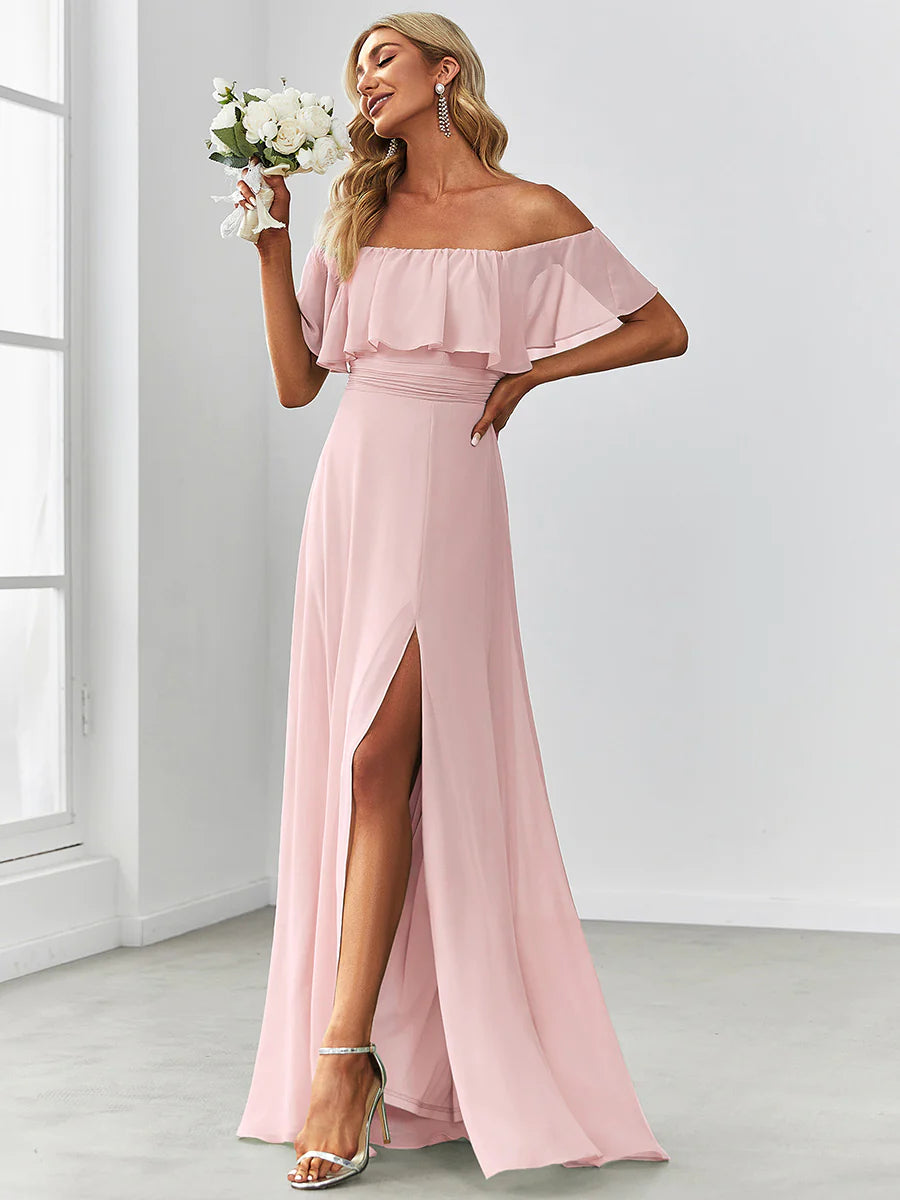 Thigh Slit Off Shoulder Straight Bridesmaid Dress - CALABRO®