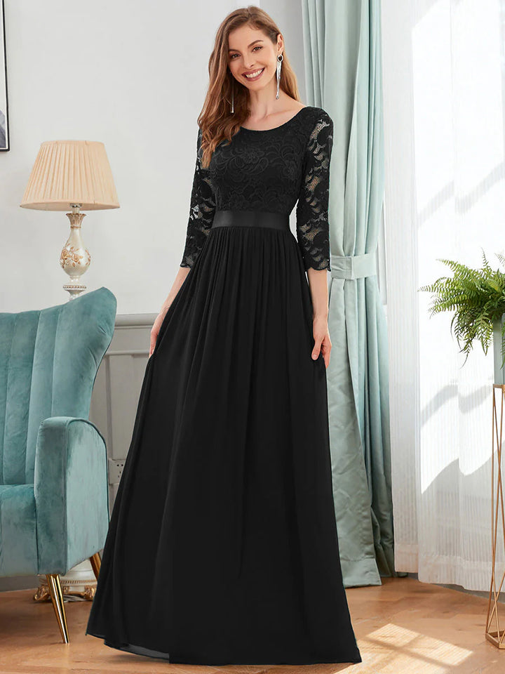 Elegant Empire Waist Evening Dress with Long Lace Sleeve - CALABRO®