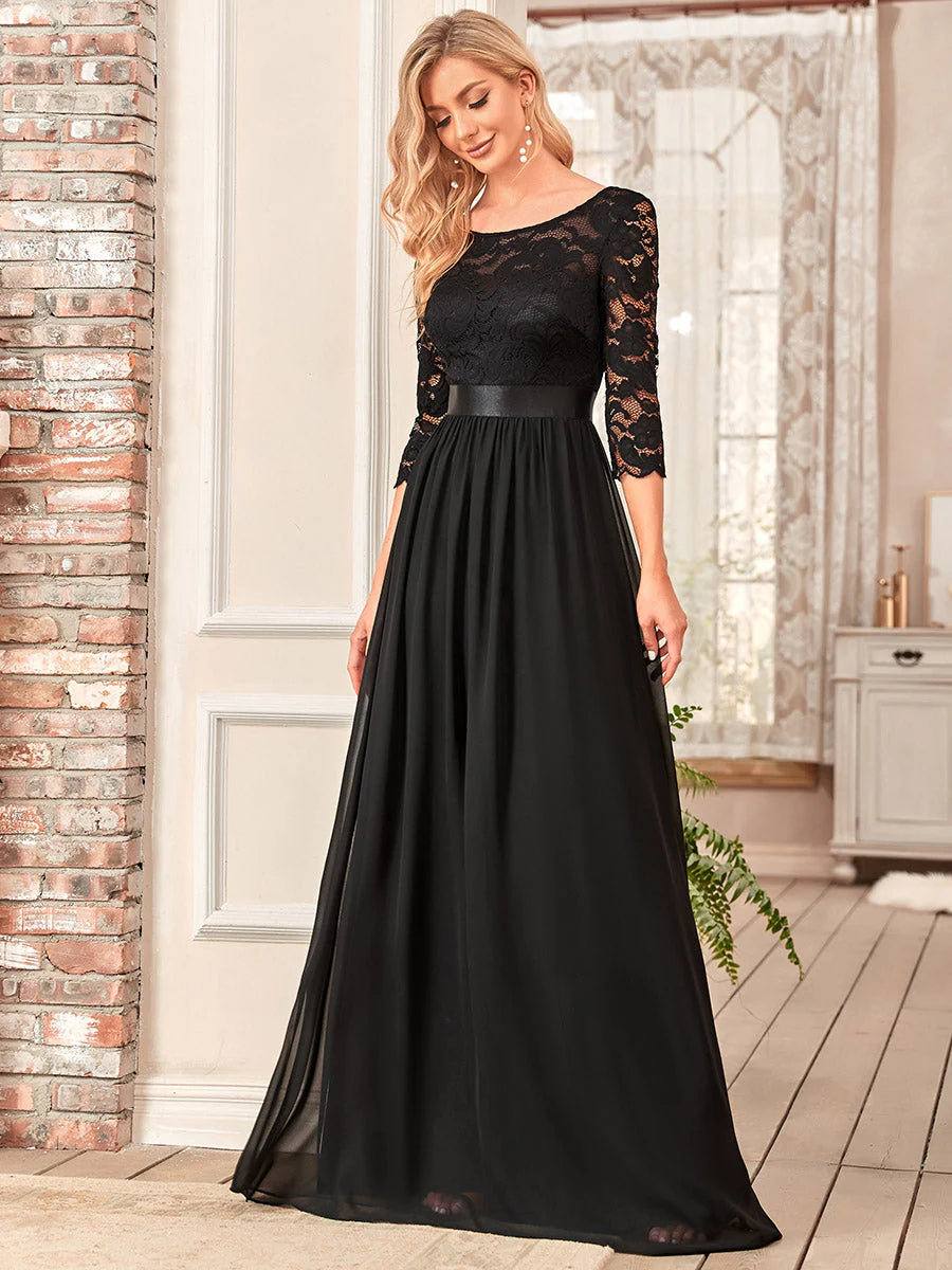 Elegant Empire Waist Evening Dress with Long Lace Sleeve - CALABRO®