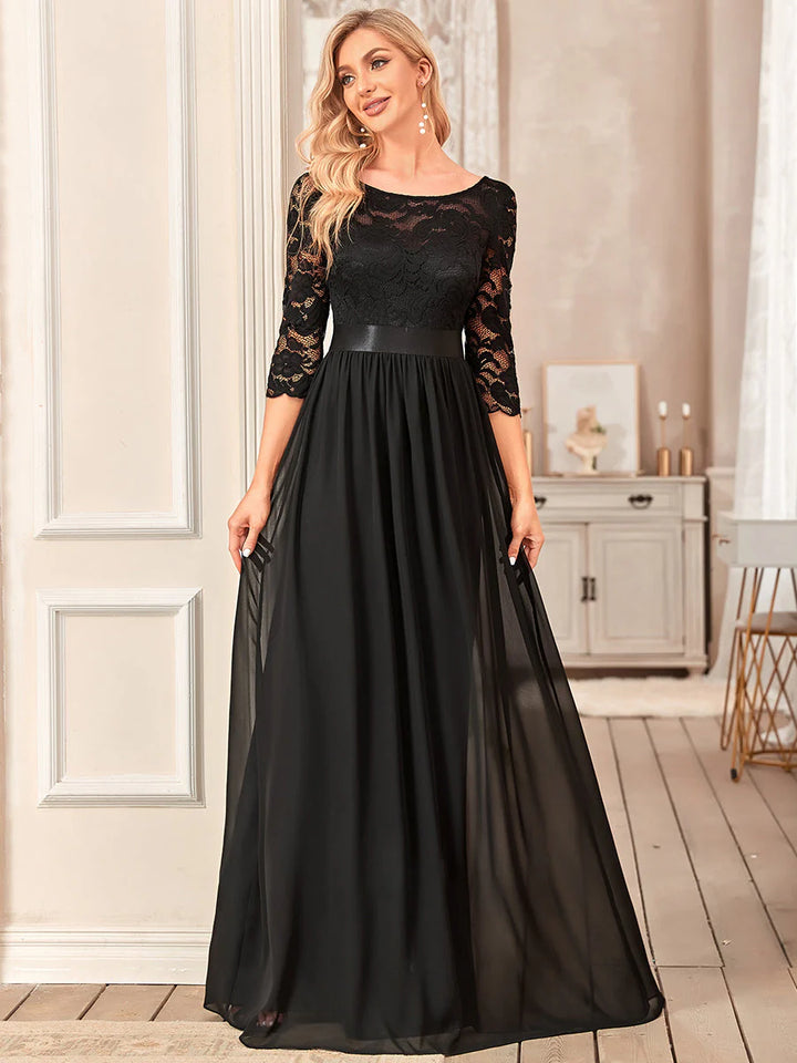 Elegant Empire Waist Evening Dress with Long Lace Sleeve - CALABRO®