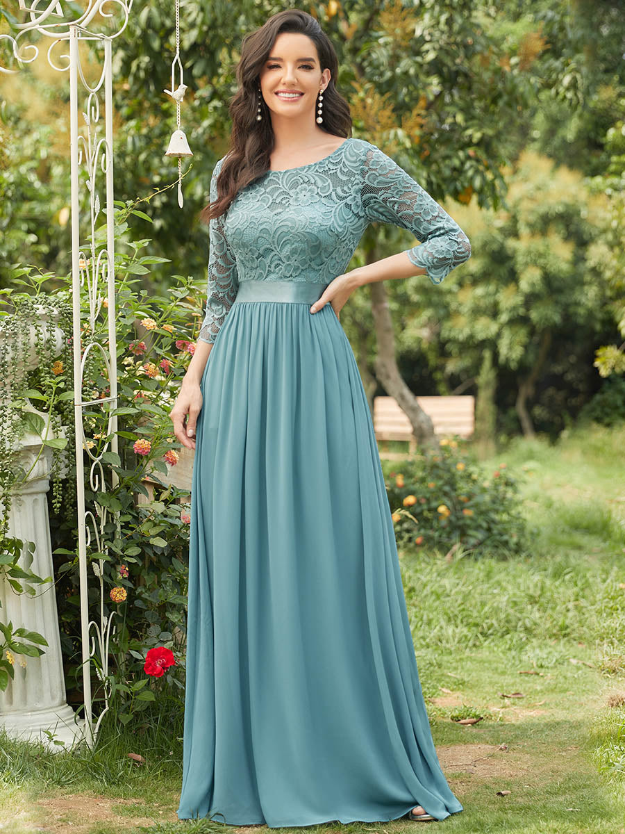 Elegant Empire Waist Evening Dress with Long Lace Sleeve - CALABRO®