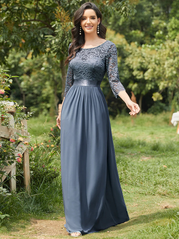 Lace Top High Neck Three Quarter Sleeve Bridesmaid Dress - CALABRO®