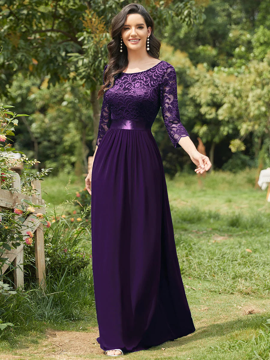 Lace Top High Neck Three Quarter Sleeve Bridesmaid Dress - CALABRO®