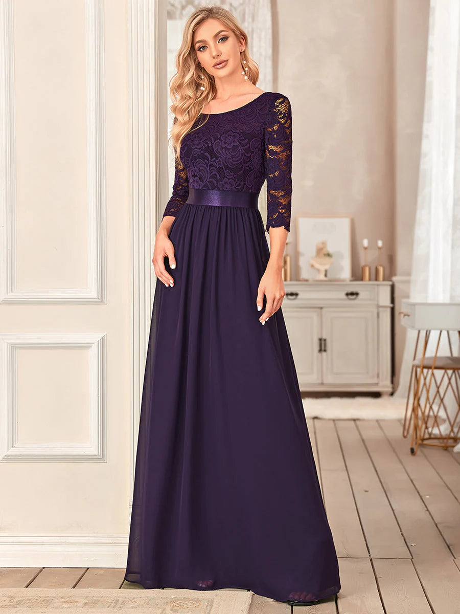 Lace Top High Neck Three Quarter Sleeve Bridesmaid Dress - CALABRO®