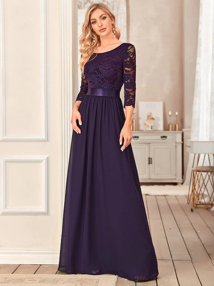 Lace Top High Neck Three Quarter Sleeve Bridesmaid Dress - CALABRO®