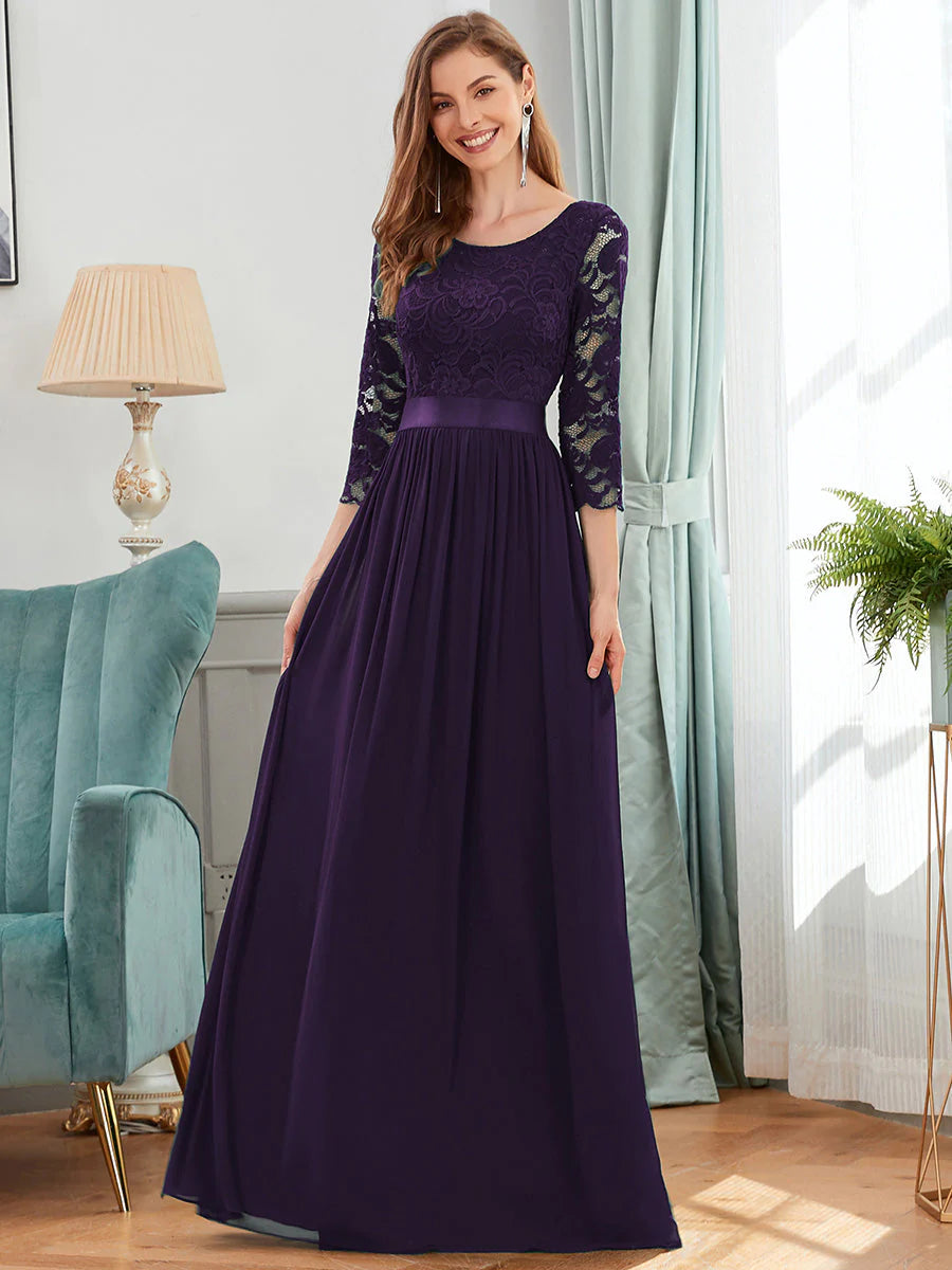 Lace Top High Neck Three Quarter Sleeve Bridesmaid Dress - CALABRO®