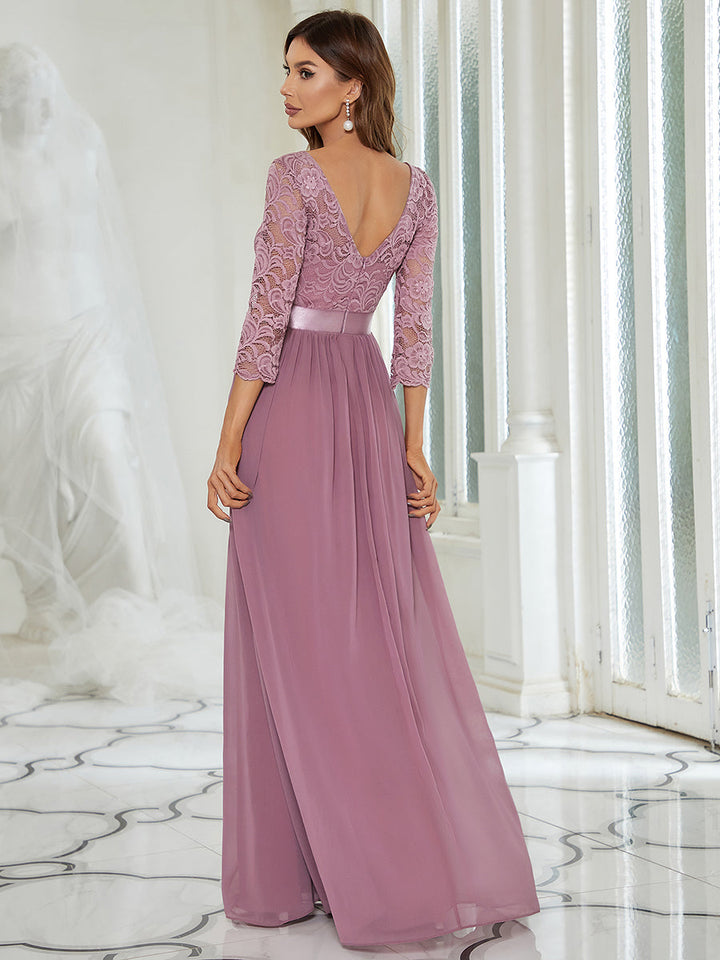 Elegant Empire Waist Evening Dress with Long Lace Sleeve - CALABRO®