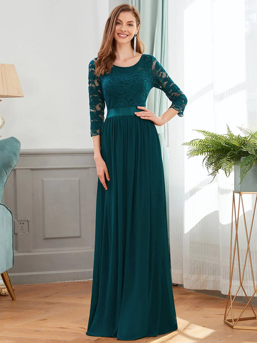 Lace Top High Neck Three Quarter Sleeve Bridesmaid Dress - CALABRO®