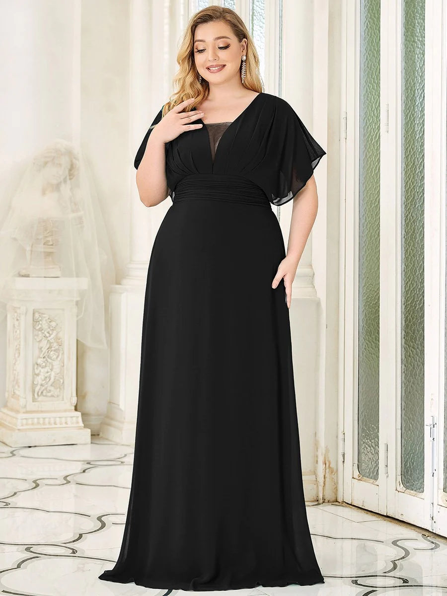 V-Neck Ruffle Sleeve Flowy Formal Dress - CALABRO®