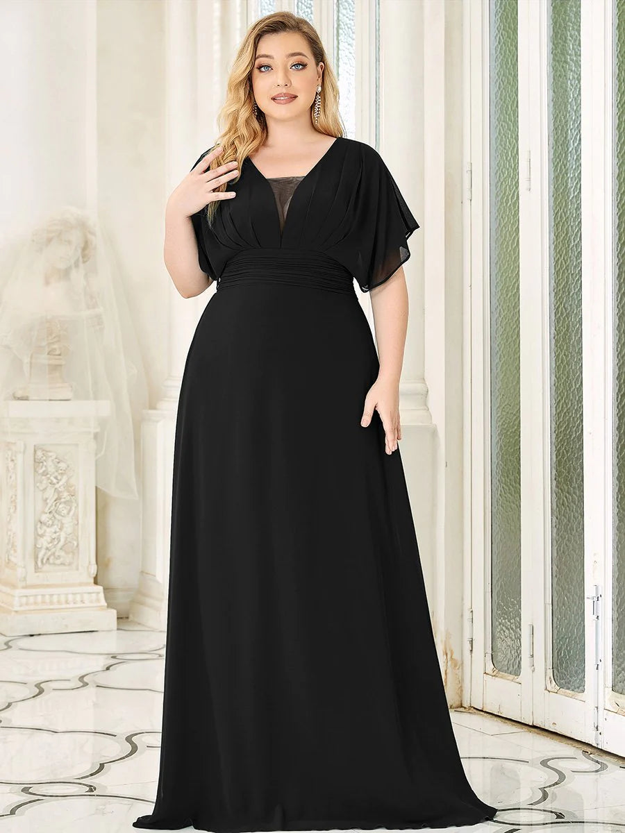 V-Neck Ruffle Sleeve Flowy Formal Dress - CALABRO®