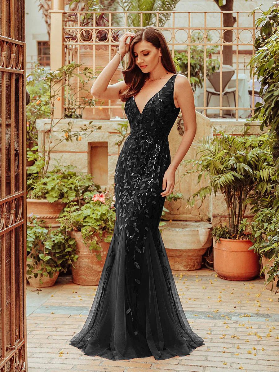 V-Neck Sequinned Leaf Pattern Evening Dress - CALABRO®