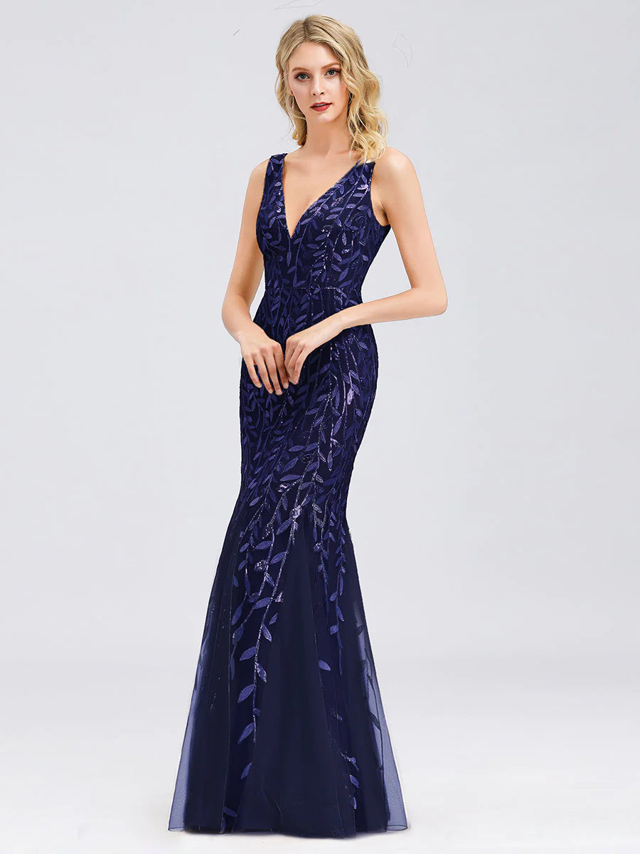 V-Neck Sequinned Leaf Pattern Evening Dress - CALABRO®