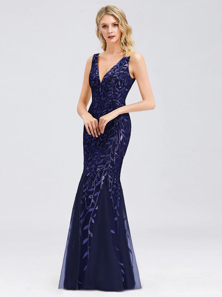 V-Neck Sequinned Leaf Pattern Evening Dress - CALABRO®