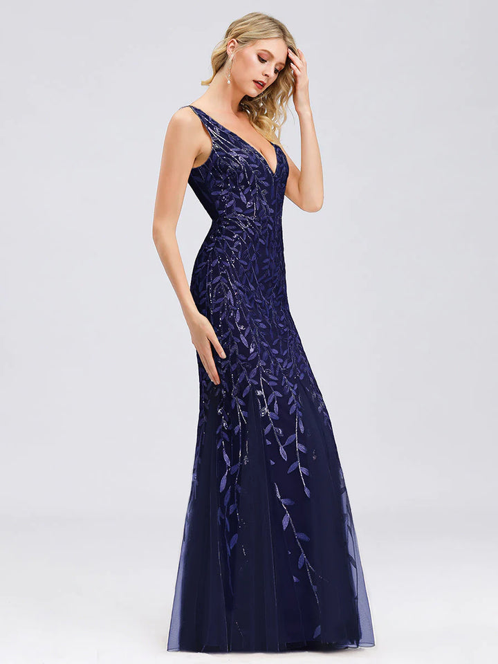 V-Neck Sequinned Leaf Pattern Evening Dress - CALABRO®