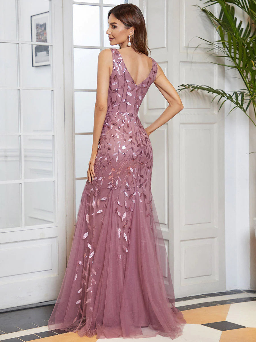 V-Neck Sequinned Leaf Pattern Evening Dress - CALABRO®