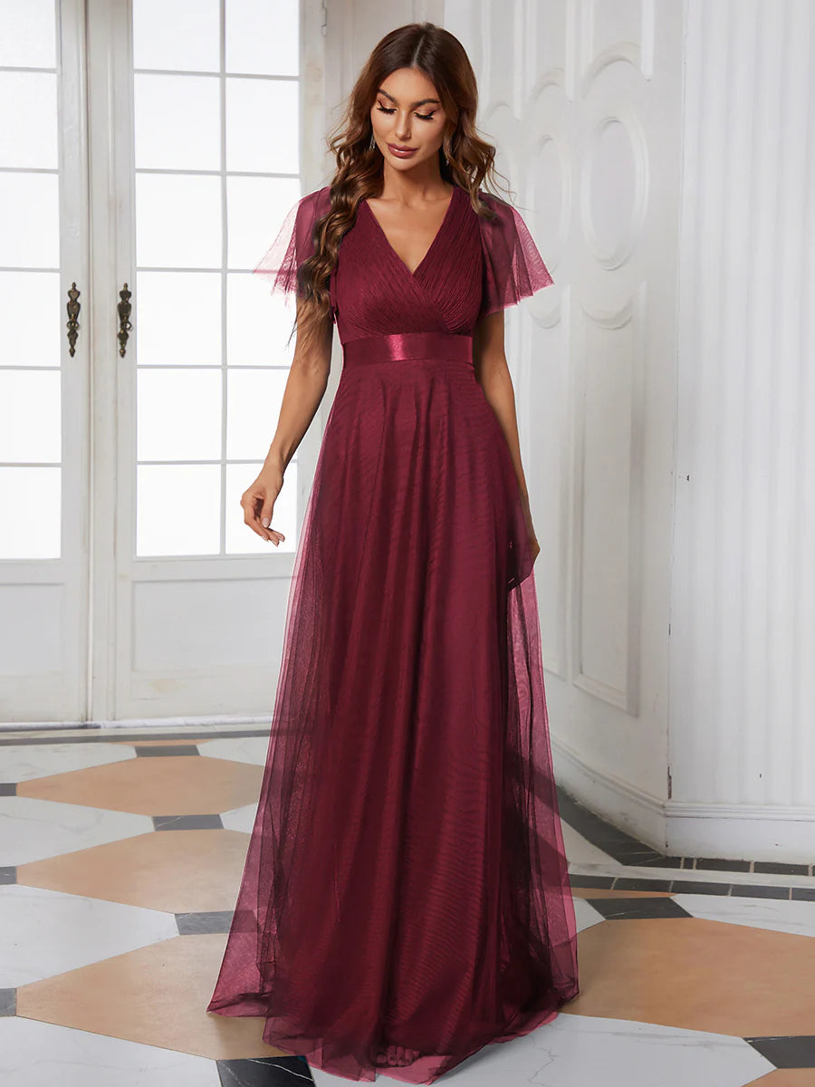 Women's Pretty V-Neck A-Line Floor-Length Bridesmaid Dress - CALABRO®