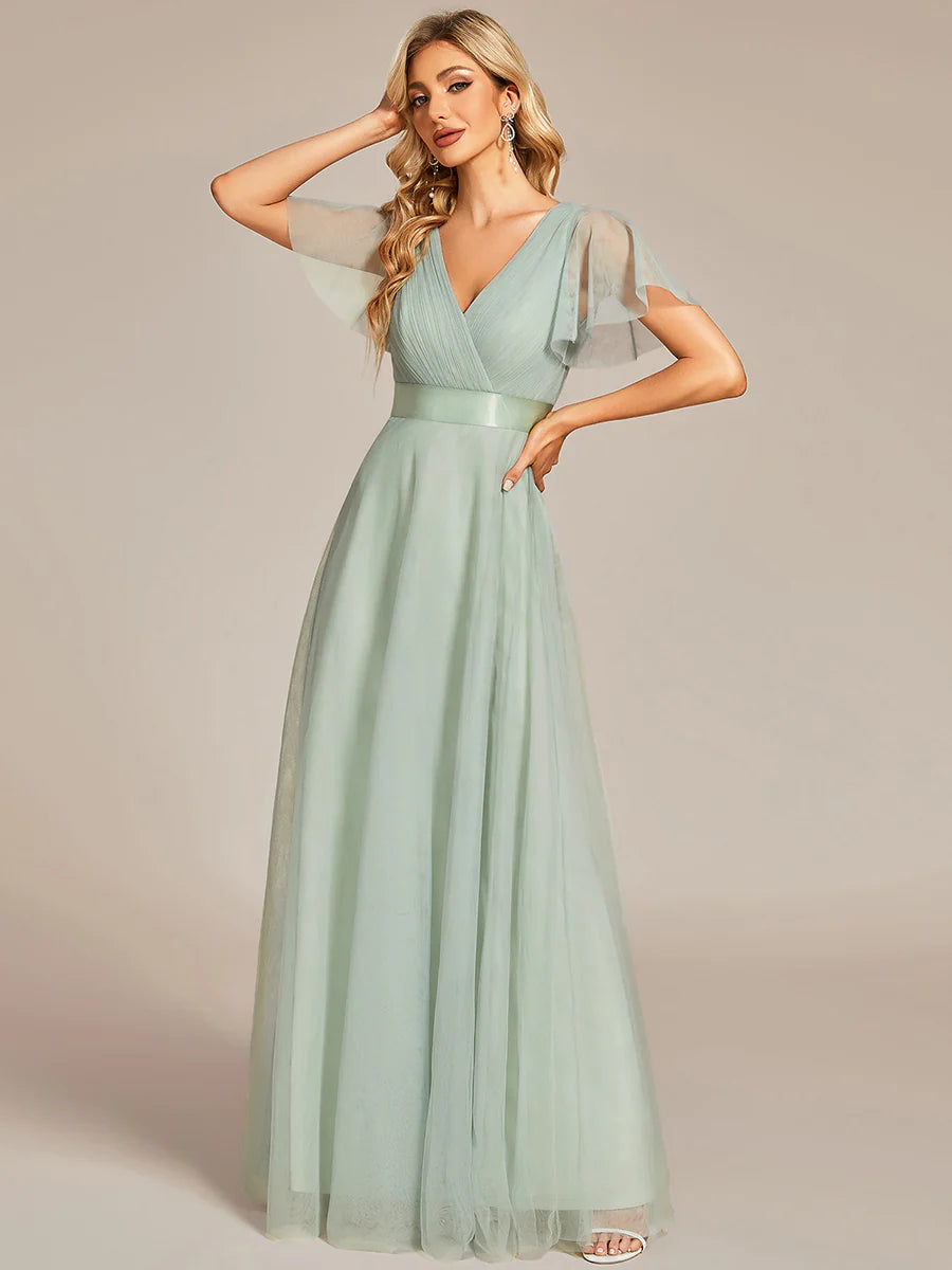 Women's Pretty V-Neck A-Line Floor-Length Bridesmaid Dress - CALABRO®