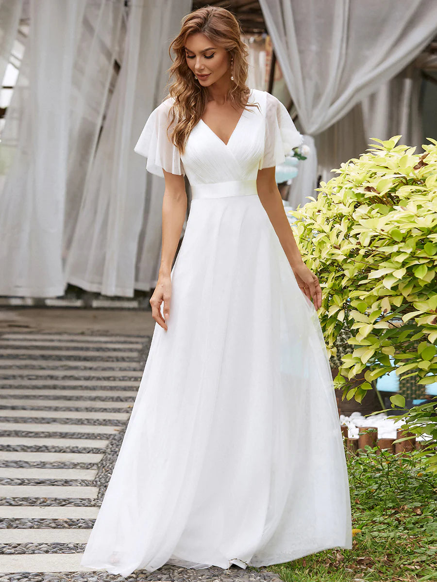 V-Neck Butterfly Sleeves Wedding Dress - CALABRO®