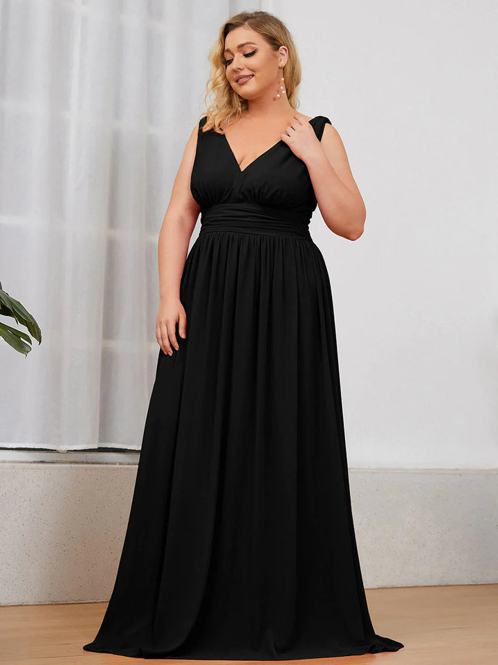 V-Neck Ruched Top Flowy Plus Size Evening Dresses - CALABRO®