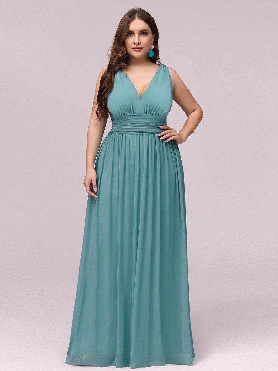 V-Neck Ruched Top Flowy Plus Size Evening Dresses - CALABRO®