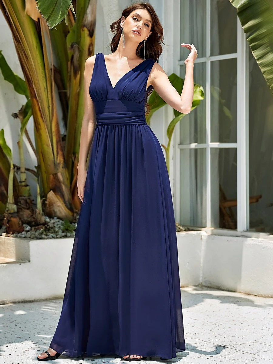 Elegant Maxi Long Evening Dresses With Double V-Neck