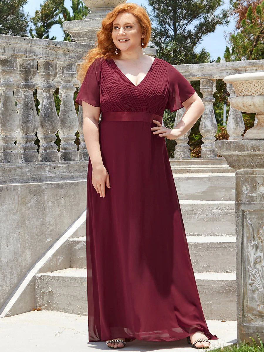 Double V-Neck Ruffles Padded Plus Size Evening Dresses
