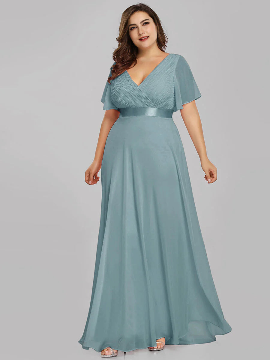 Glamorous Double V-Neck Ruffles Padded Plus Size Evening Dresses - CALABRO®