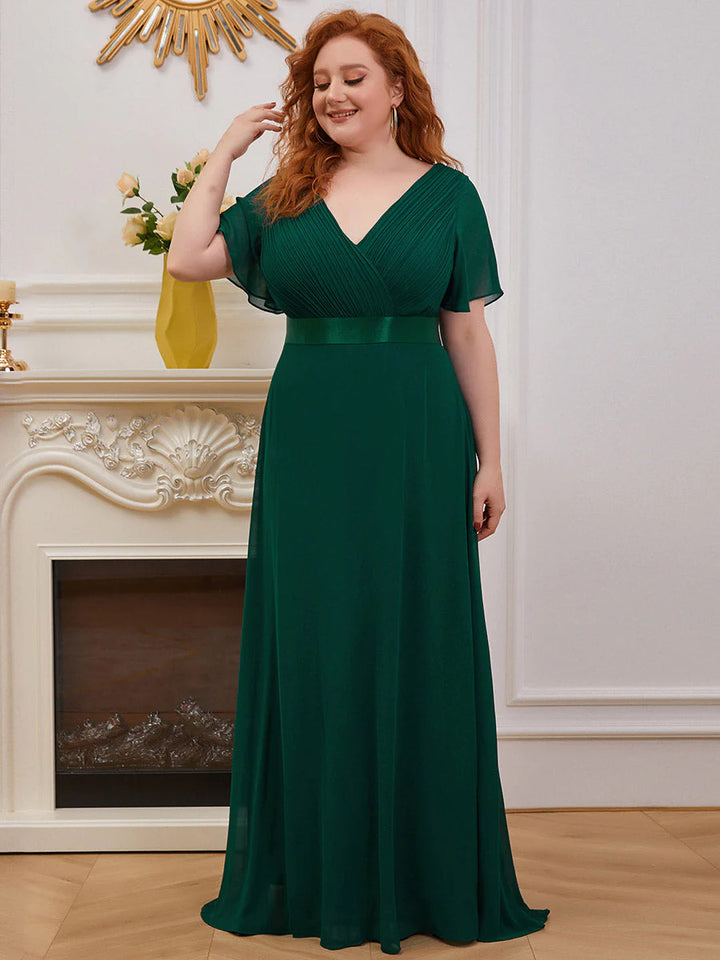 Glamorous Double V-Neck Ruffles Padded Plus Size Evening Dresses - CALABRO®