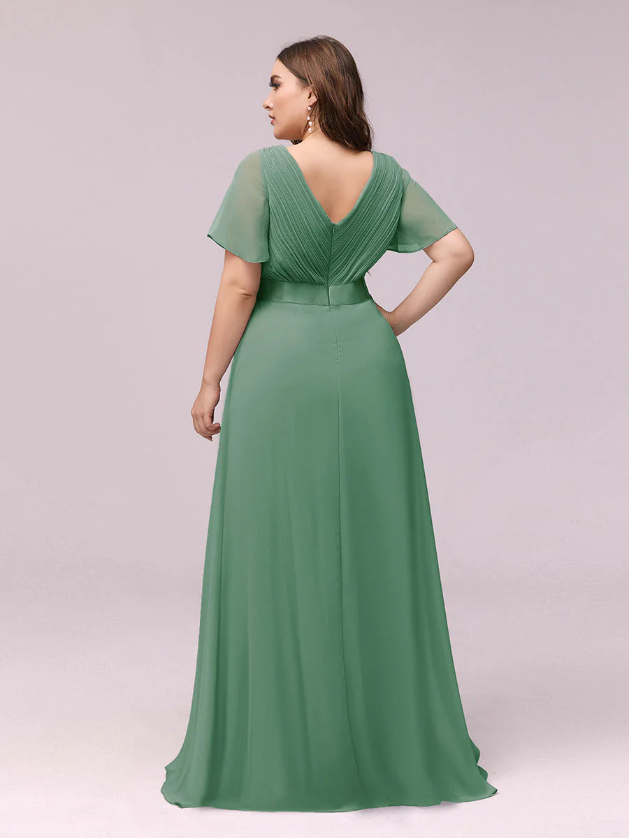 Double V-Neck Ruffles Padded Plus Size Evening Dresses