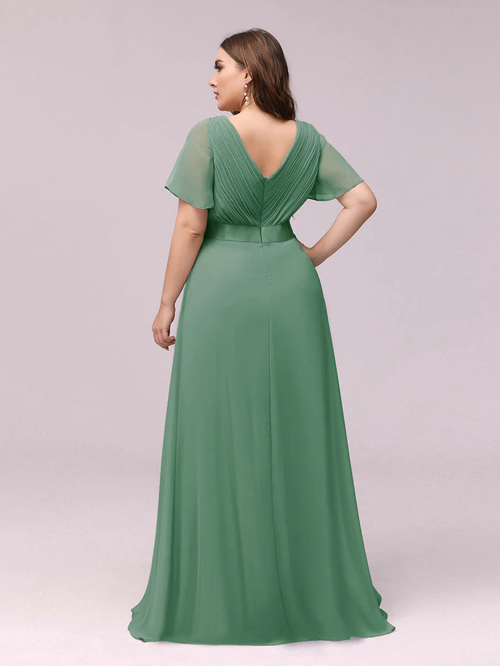 Double V-Neck Ruffles Padded Plus Size Evening Dresses