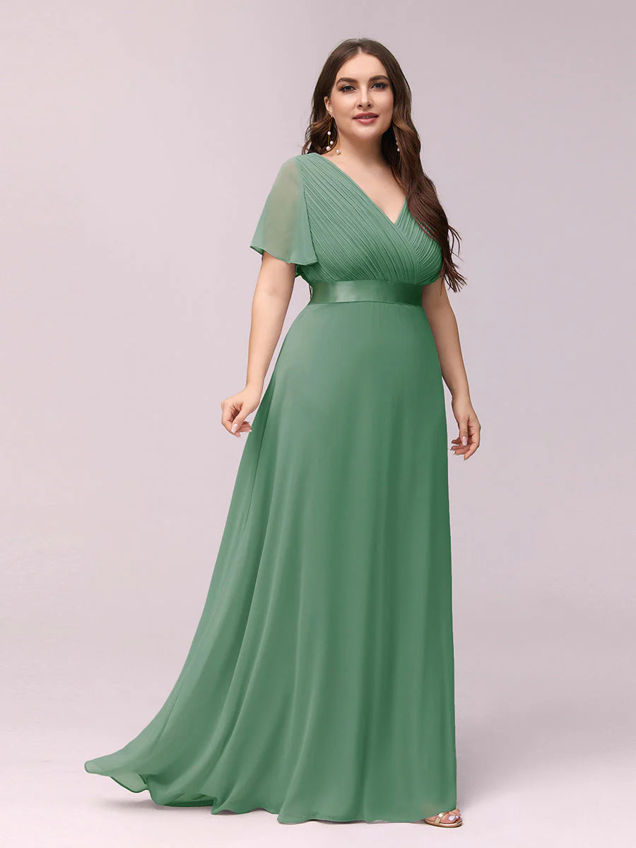 Double V-Neck Ruffles Padded Plus Size Evening Dresses