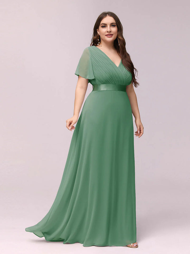 Double V-Neck Ruffles Padded Plus Size Evening Dresses