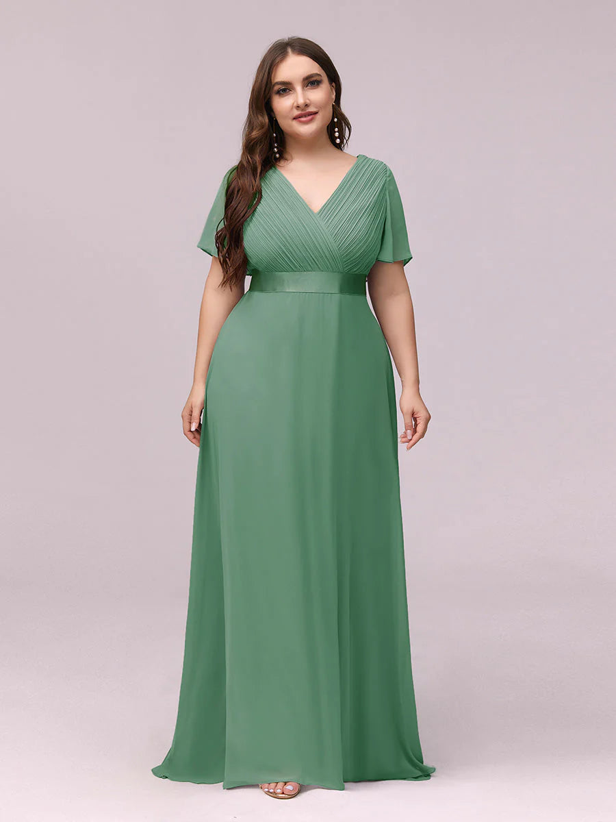 Double V-Neck Ruffles Padded Plus Size Evening Dresses