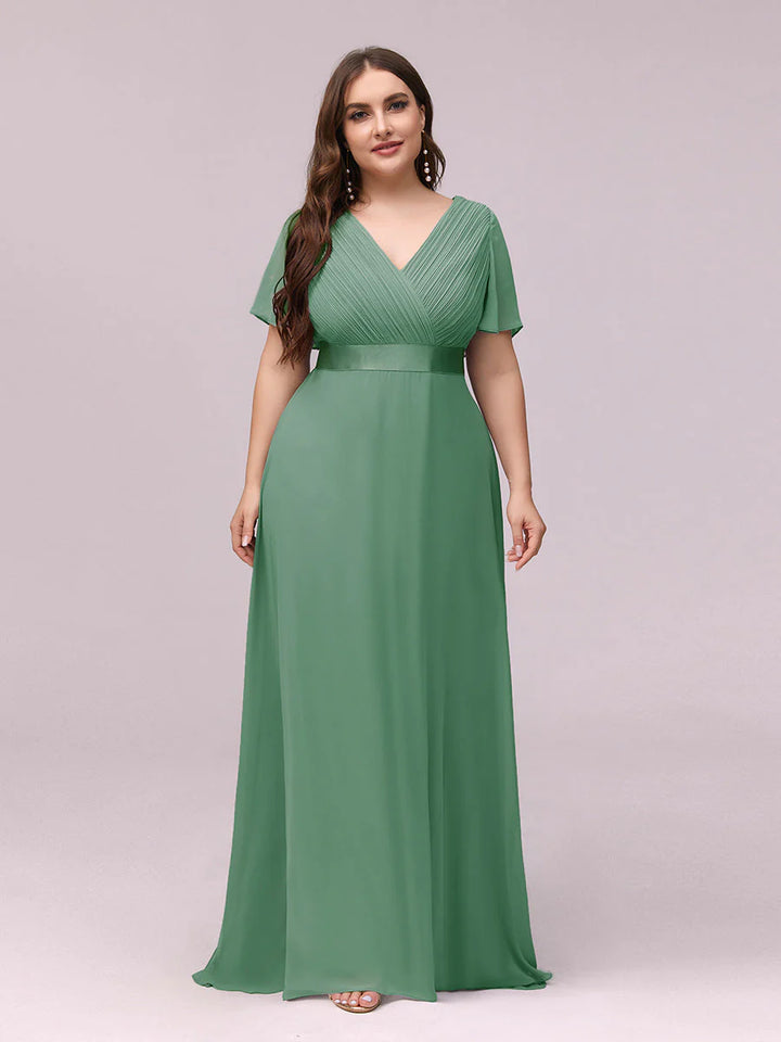 Double V-Neck Ruffles Padded Plus Size Evening Dresses