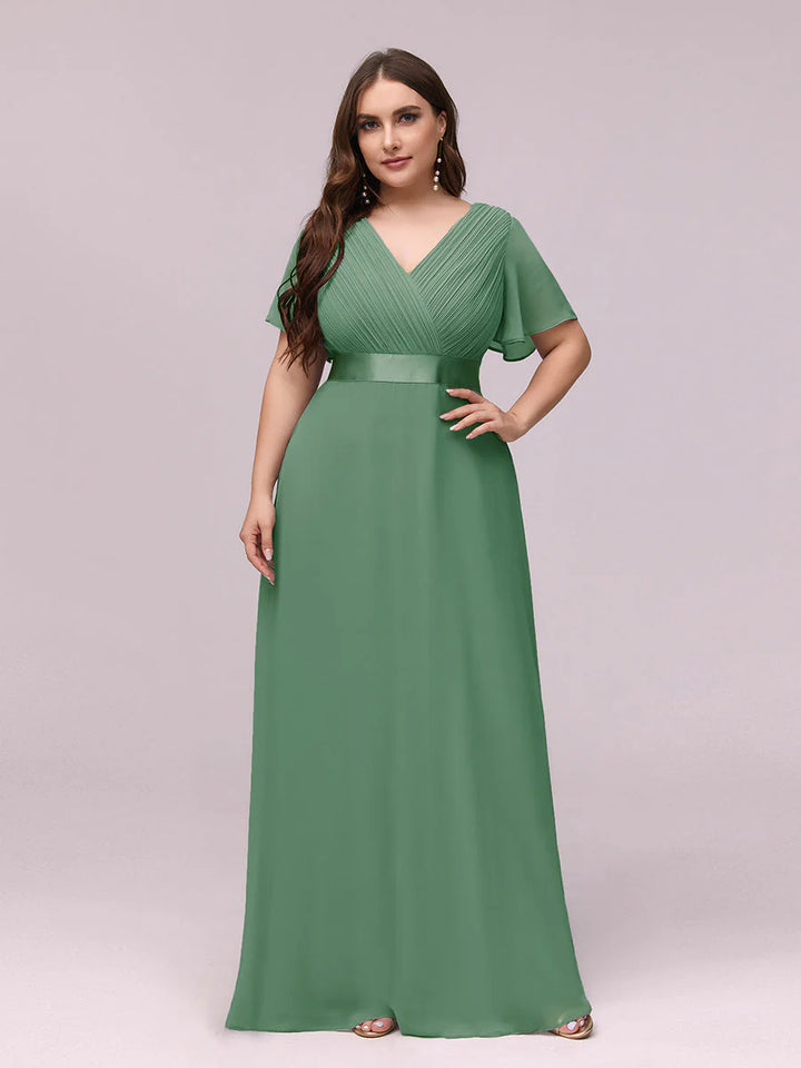 Double V-Neck Ruffles Padded Plus Size Evening Dresses