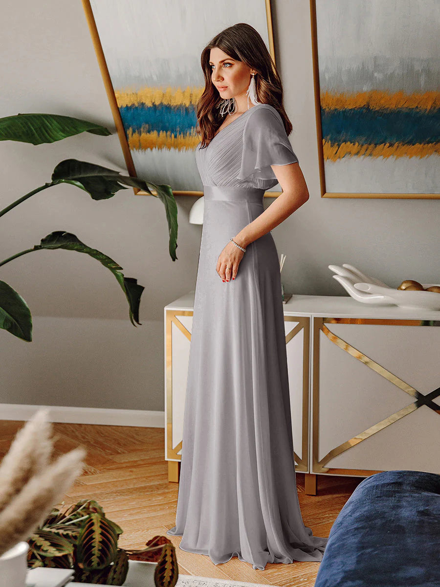 Butterfly Sleeve Pleated Top V-Neck Bridesmaid Dress