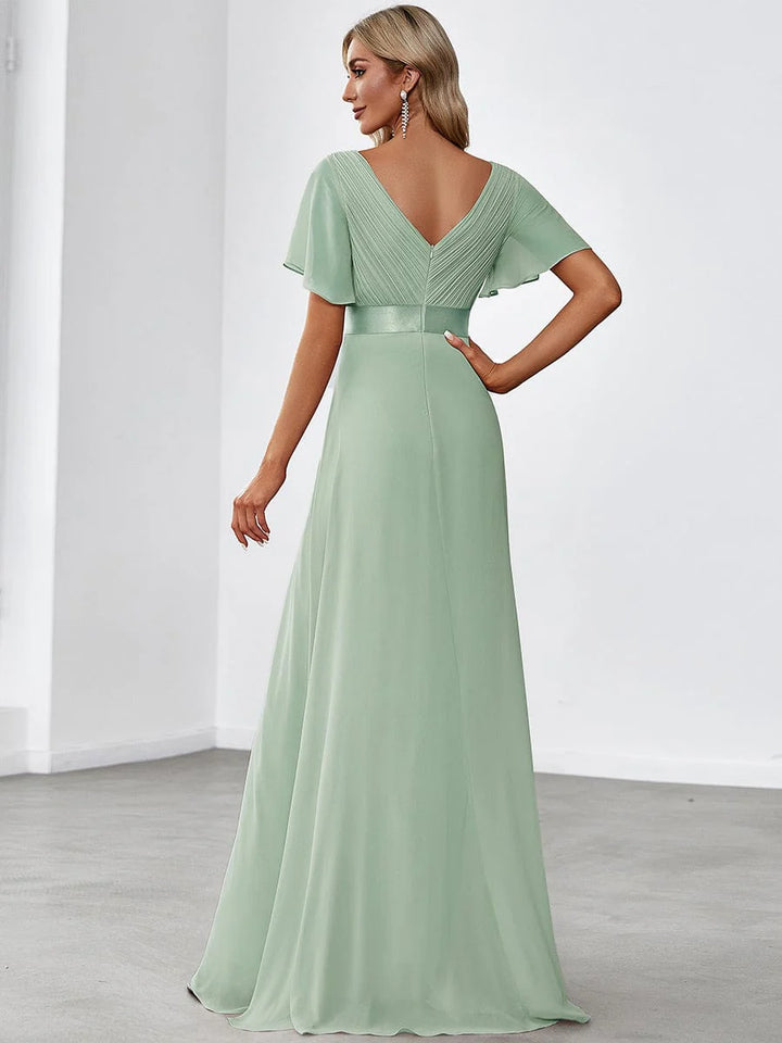 High Waist Short Sleeves Evening Dress