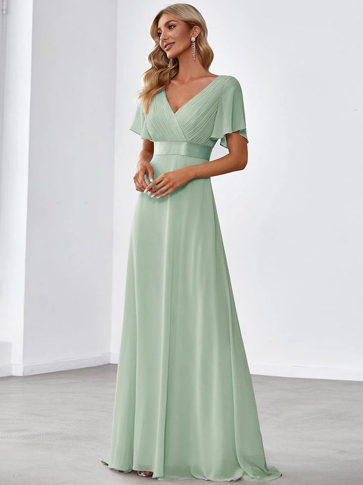 High Waist Short Sleeves Evening Dress