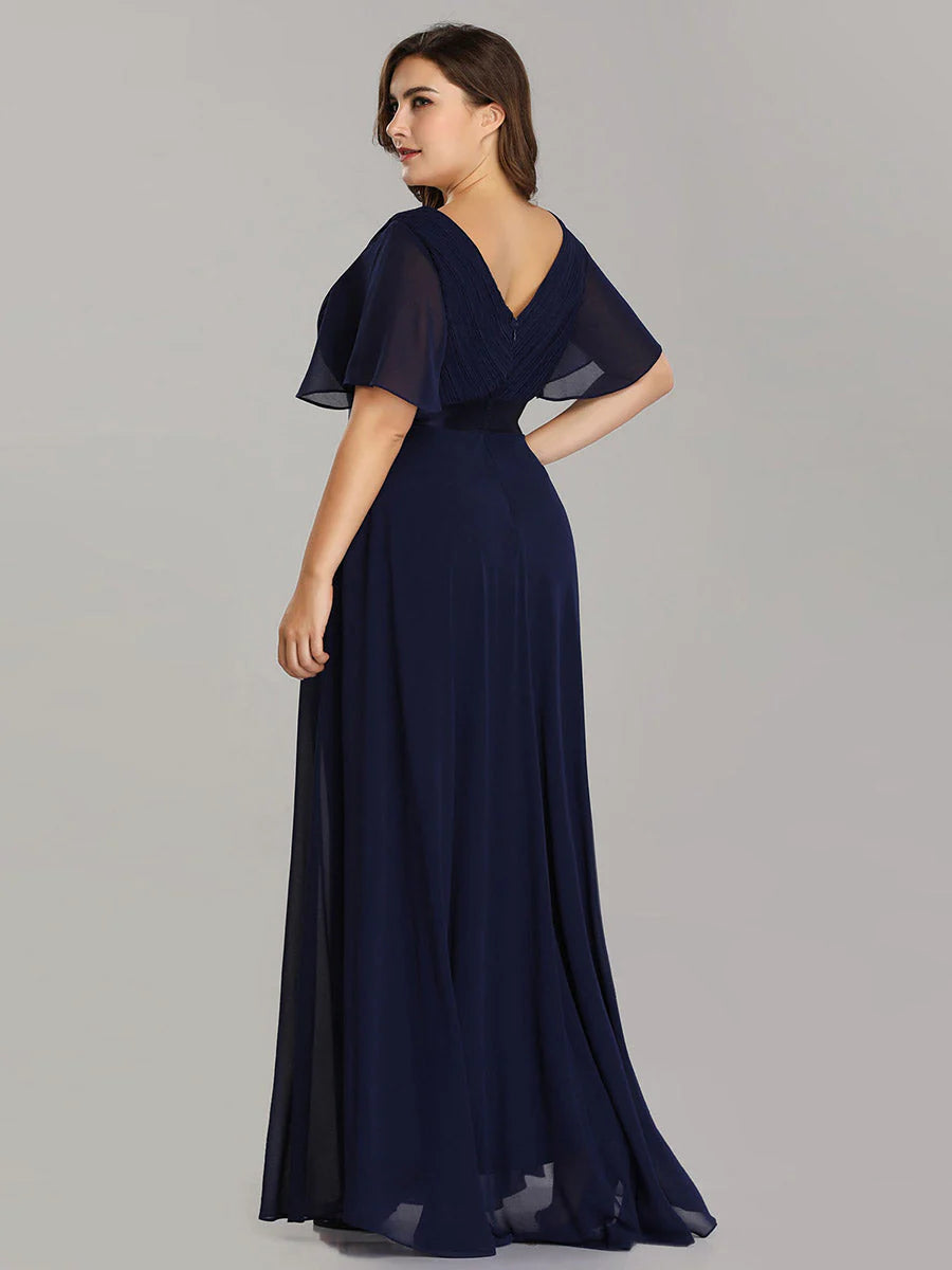 Double V-Neck Ruffles Padded Plus Size Evening Dresses