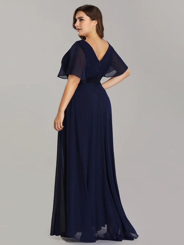 Double V-Neck Ruffles Padded Plus Size Evening Dresses