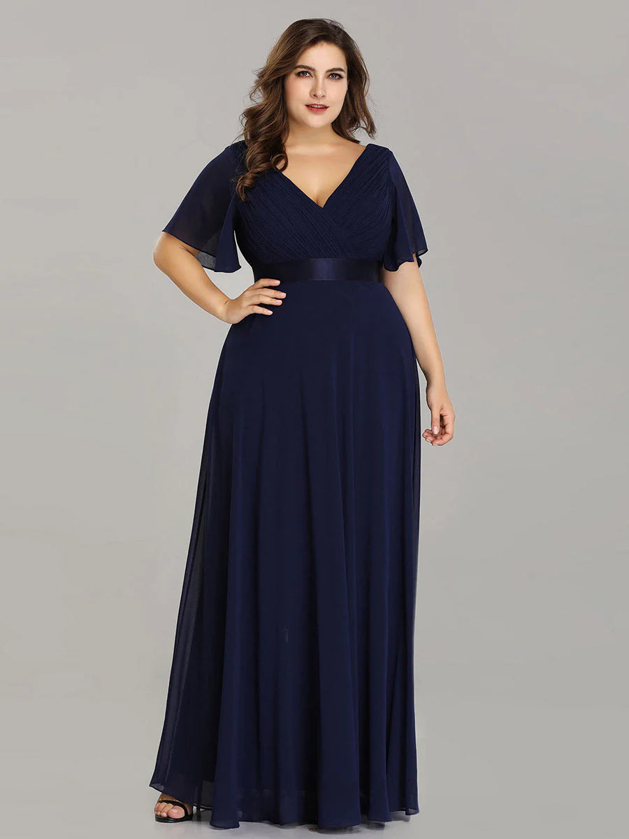 Double V-Neck Ruffles Padded Plus Size Evening Dresses