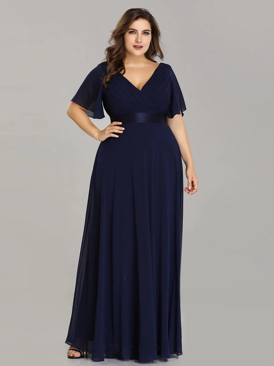 Glamorous Double V-Neck Ruffles Padded Plus Size Evening Dresses - CALABRO®