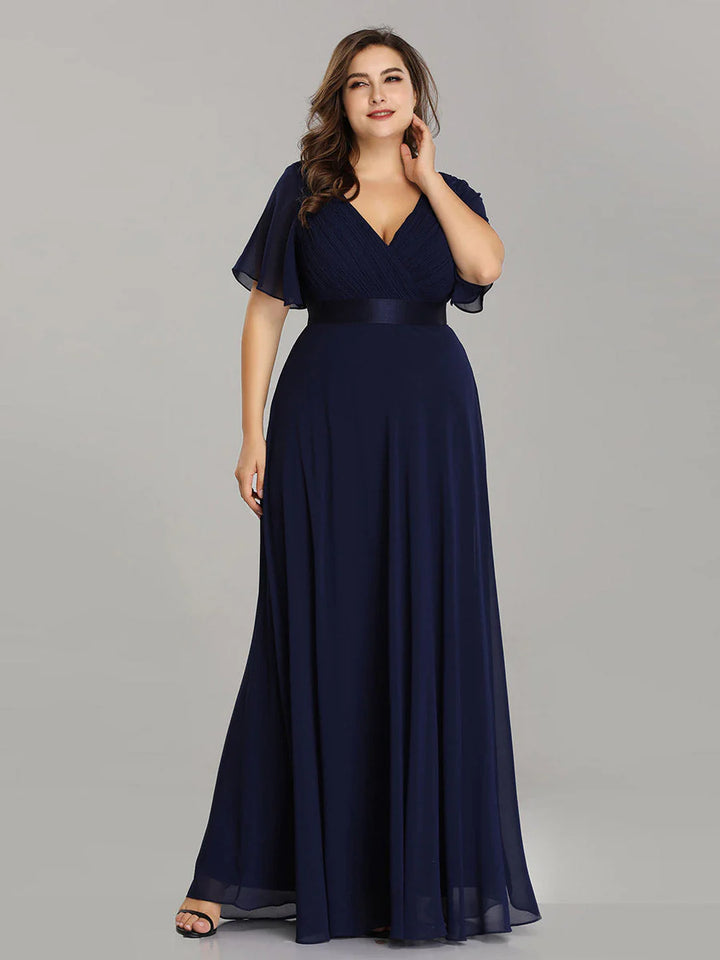 Double V-Neck Ruffles Padded Plus Size Evening Dresses