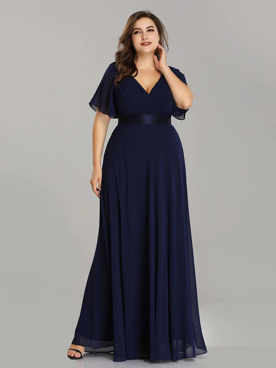 Glamorous Double V-Neck Ruffles Padded Plus Size Evening Dresses - CALABRO®