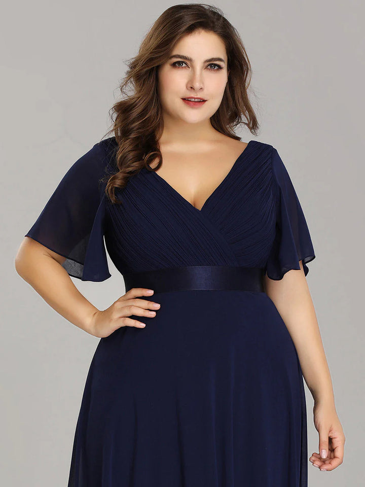 Double V-Neck Ruffles Padded Plus Size Evening Dresses