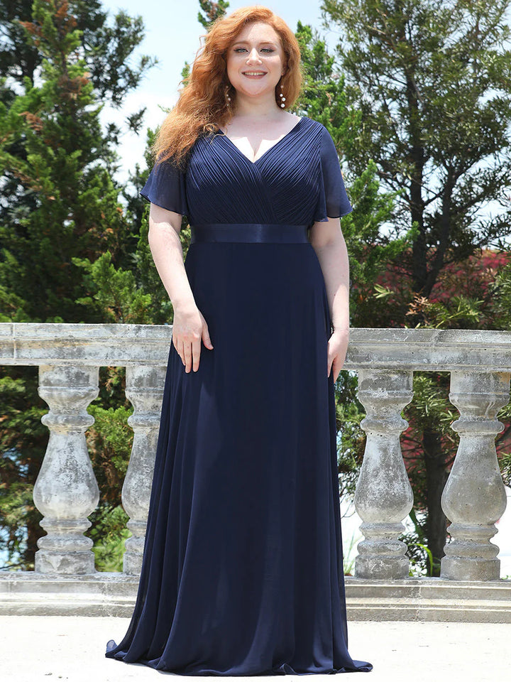 Double V-Neck Ruffles Padded Plus Size Evening Dresses