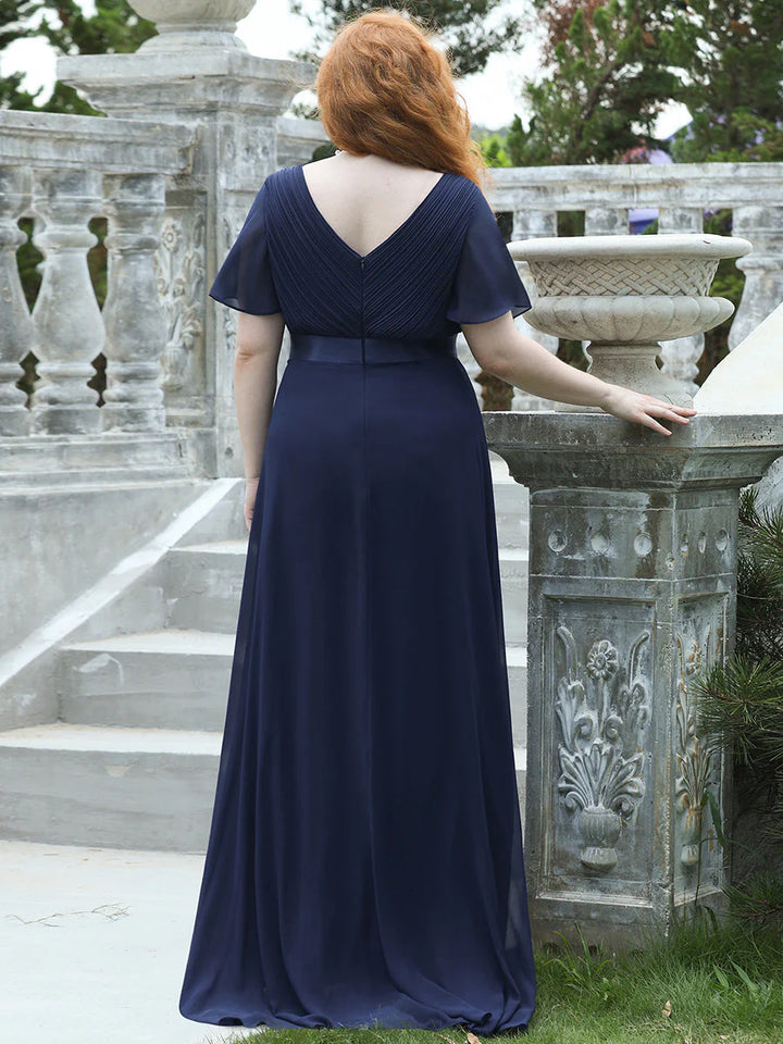 Double V-Neck Ruffles Padded Plus Size Evening Dresses